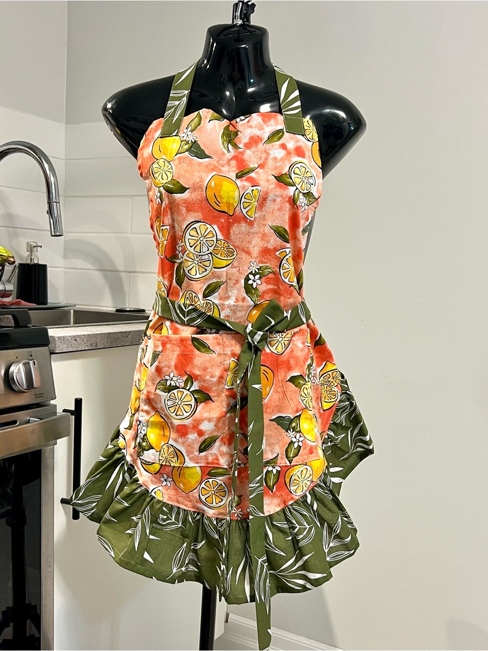 Lemon Print Ruffled Kitchen Apron in Orange & Olive. Handmade by me.